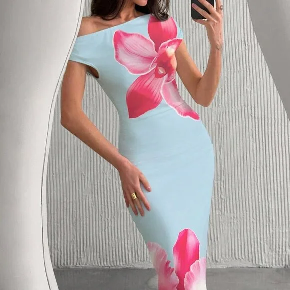 Multicolor Elegant Women's Resort Asymmetric Floral Print Bodycon Long Dress - Picture 3 of 6